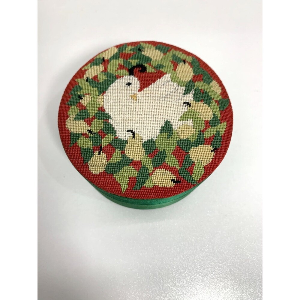 VTG Lillian Vernon Partridge in a Pear Tree Needlepoint Christmas Trinket Box